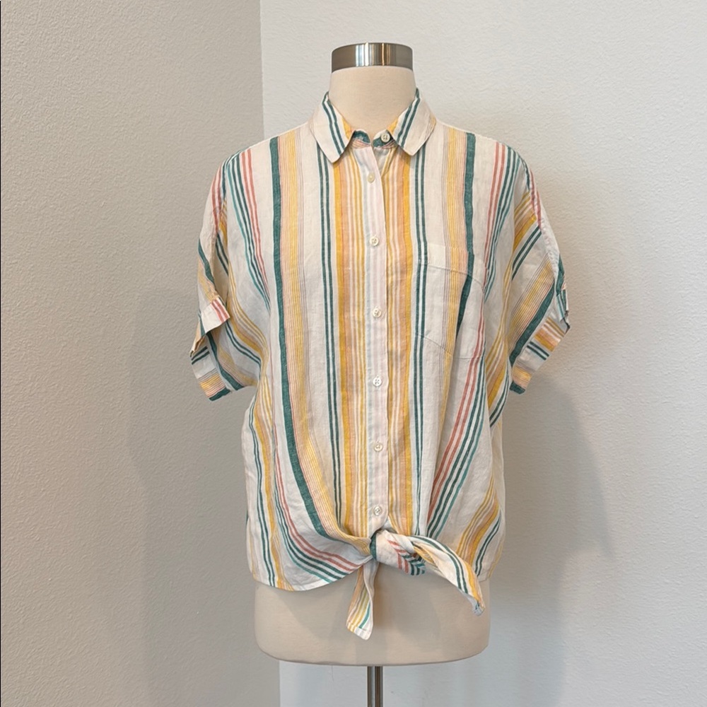 Madewell Linen Short-Sleeve Tie-Front Shirt in Pineapple Stripe, Sz M